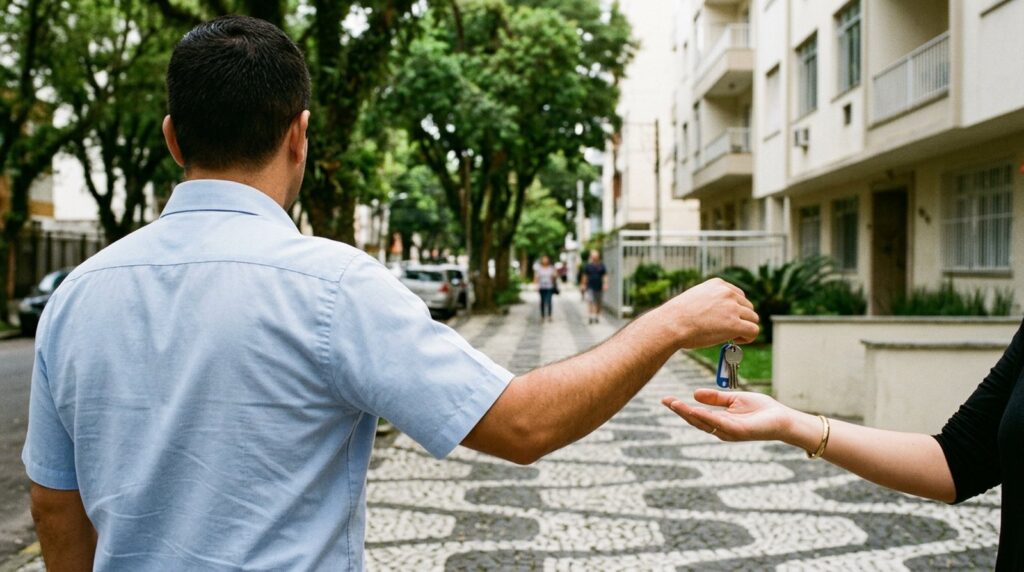 Corretor de imóveis entrega as chaves a cliente em rua residencial: como conseguir clientes sendo corretor de imóveis