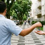 Corretor de imóveis entrega as chaves a cliente em rua residencial: como conseguir clientes sendo corretor de imóveis