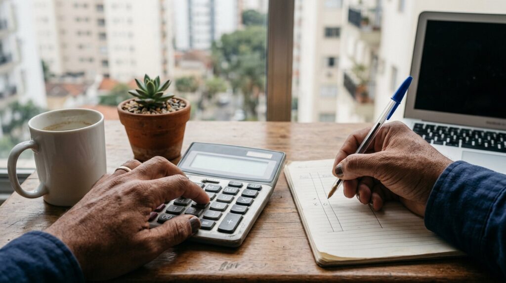 Mãos com calculadora e anotações calculando preço: como precificar serviços sendo autônomo