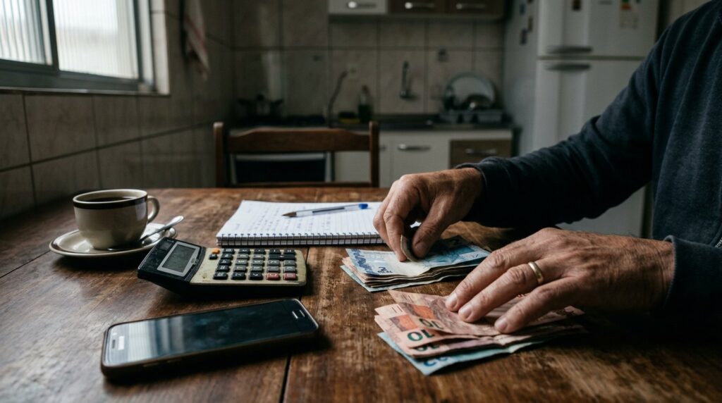 Mãos separando dinheiro do negócio e dinheiro pessoal: finanças do profissional autônomo