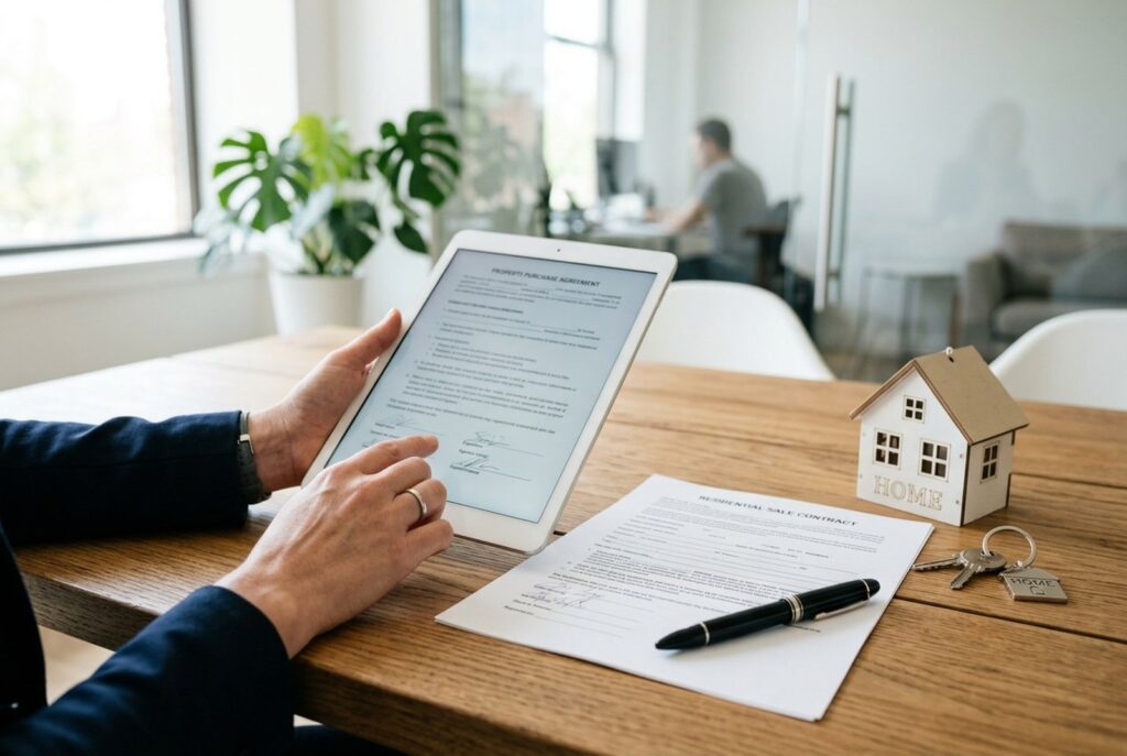 Corretor de imóveis revisando contrato de financiamento imobiliário digital em tablet