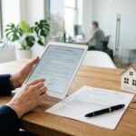 Corretor de imóveis revisando contrato de financiamento imobiliário digital em tablet