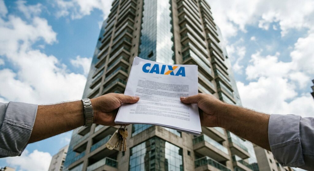Leilão de imóveis Caixa: mãos segurando edital com o logo da Caixa diante de prédio residencial