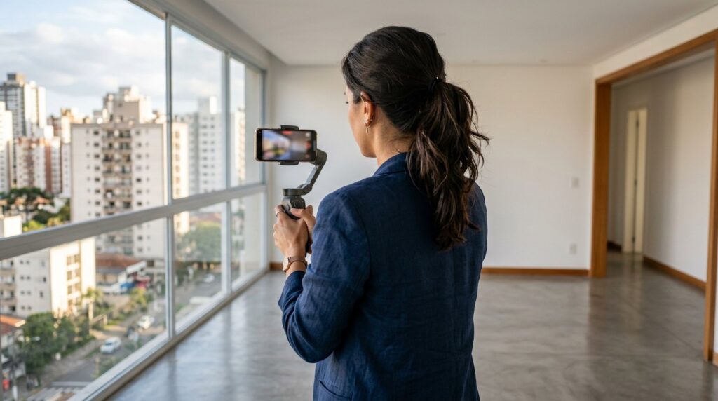 Corretor gravando vídeo de tour de apartamento com celular: marketing digital para corretores de imóveis