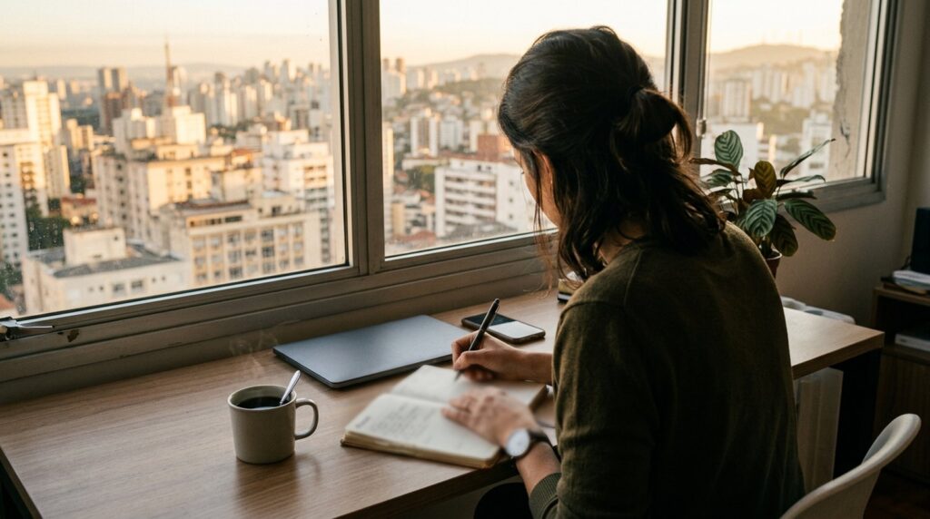 Profissional planejando o dia em caderno ao amanhecer: rotina produtiva no trabalho autônomo