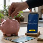 Mão colocando moeda em cofrinho ao lado de celular com o app do Tesouro Reserva, do Tesouro Direto